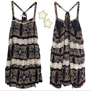 Entro (juniors) retro print racerback tunic tank w/ lace, navy blue